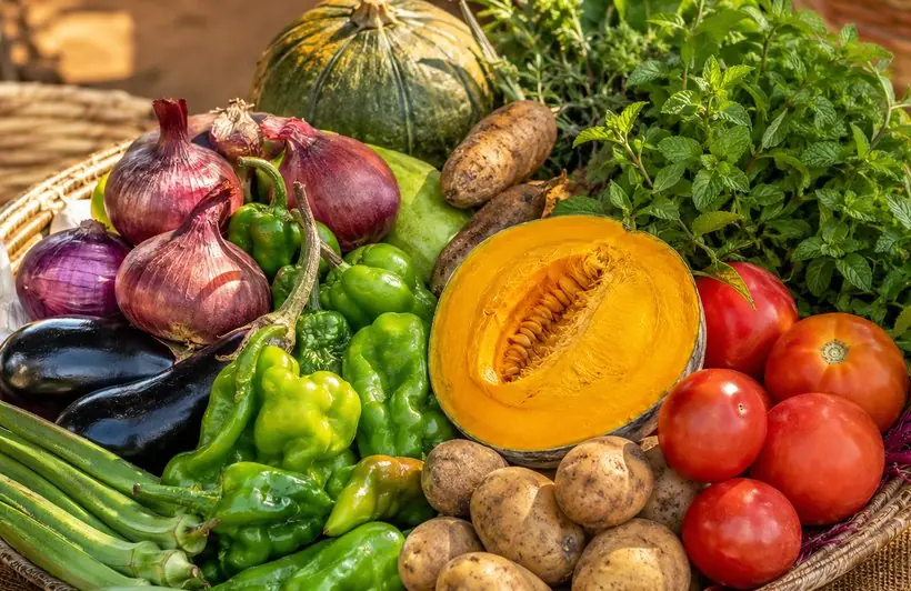 Cagette de produits agricoles frais au Mali : tomates, légumes, aromates et récoltes de saison