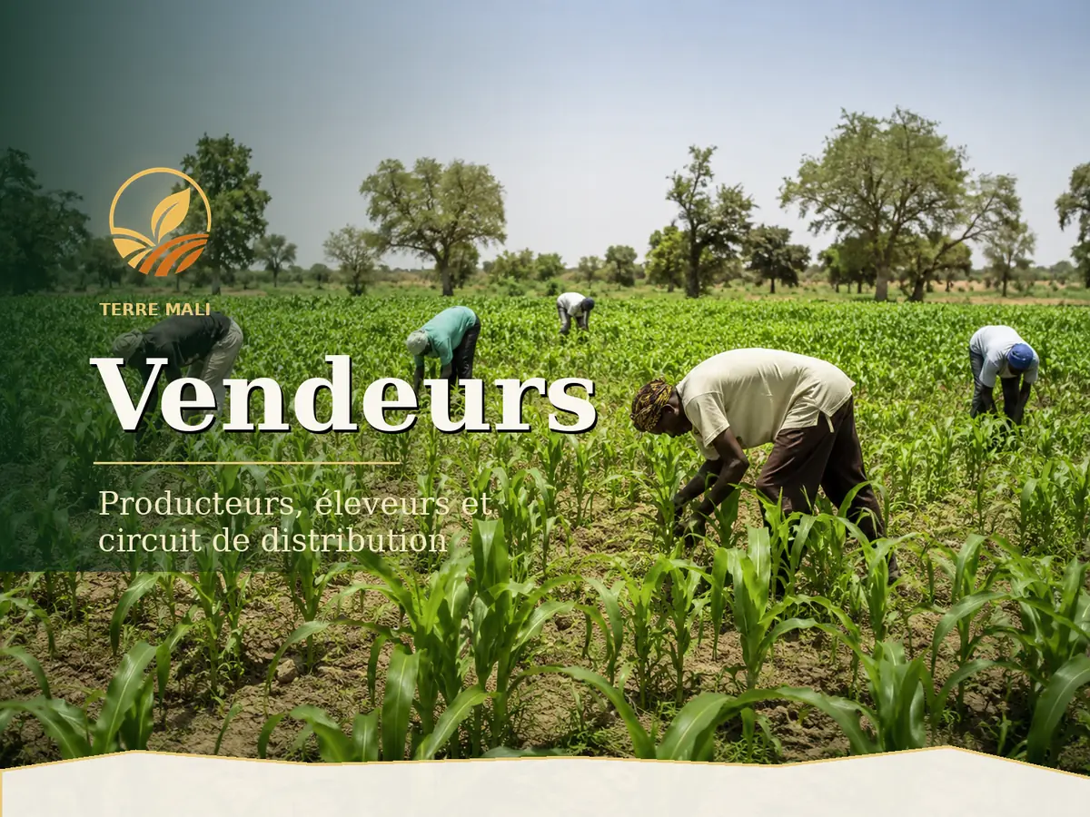 Bannière premium Terre Mali pour la section vendeurs, avec des travailleurs agricoles dans un champ au Mali